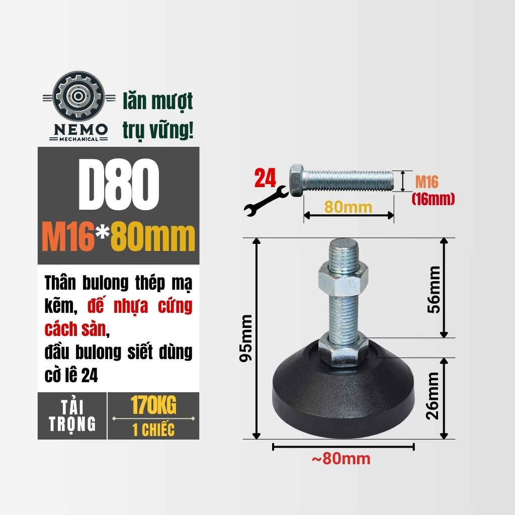 Chân Tăng Chỉnh Đế Nhựa Cứng – Giải Pháp Cân Bằng & Chống Rung (M10, M12, M16)